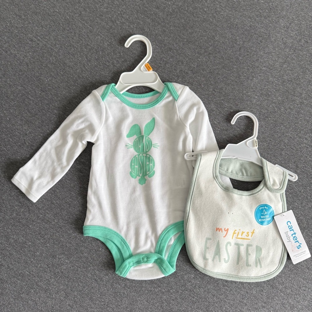 NWT First Easter 2 piece set size 6-9 months onsies & bib
